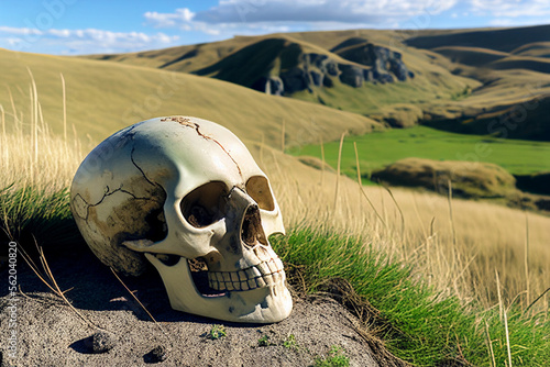 Skull resting on grassy ground and mountain landscape With Generative AI
