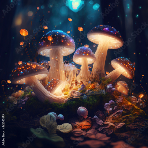 Neon mushroom with bokeh light in background 