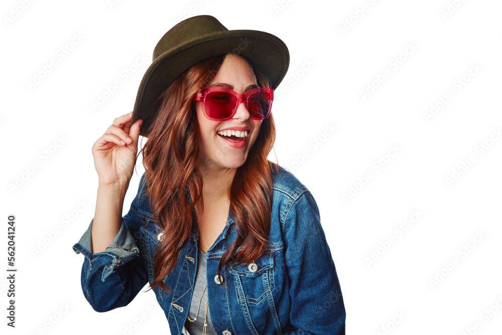 Woman, smile and hat with glasses in fashion with style for summer against a white studio background. Happy isolated female smiling in happiness for stylish sunglasses or clothing on white background Woman, smile and hat with glasses in fashion with style for summer against a white studio background. Happy isolated female smiling in happiness for stylish sunglasses or clothing on white background
