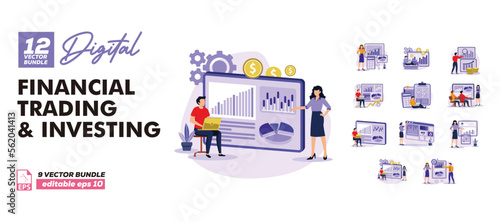 Financial trading and investing vector character set bundle. Collection of a man and woman trading on the stock exchange. business flat bundle illustration.