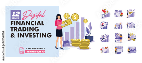 Financial trading and investing vector character set bundle. Collection of a man and woman trading on the stock exchange. business flat bundle illustration.