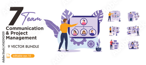Team communication and project management concept. Cooperation, interaction of employees at work. Workflow and job organization in modern company. business flat bundle illustration