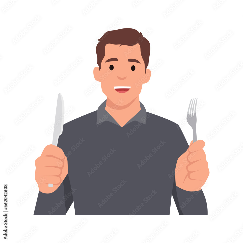 Young man holding knife and fork. Hungry man waiting for food. Flat ...