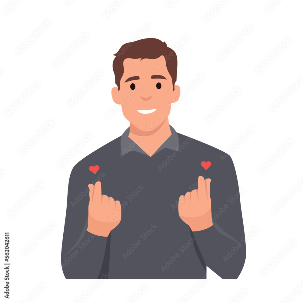 Young man with Korean love sign. Young man with Korean love sign.