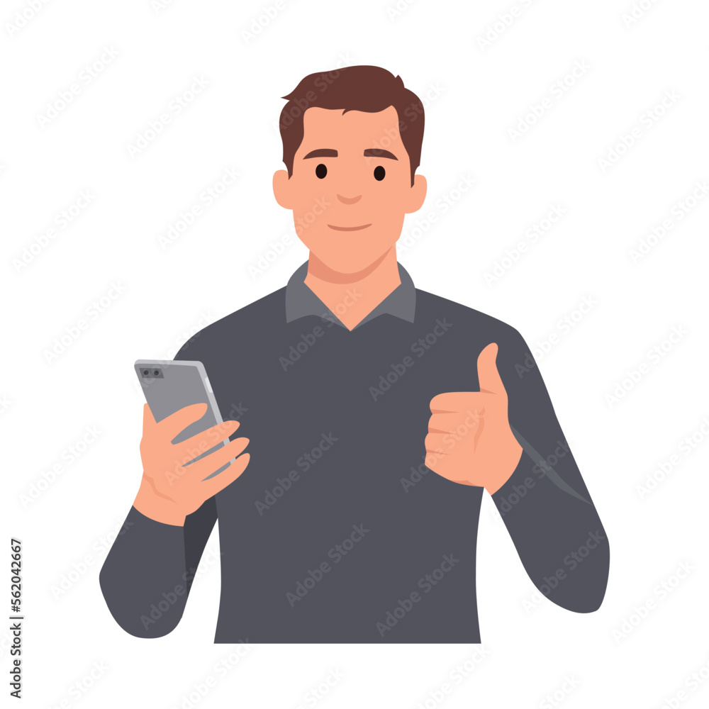 Young man Positive business man showing new brand, latest smartphone. Man holding cell, mobile phone in hand and gesturing making thumbs up sign. Flat vector illustration isolated on white background Young man Positive business man showing new brand, latest smartphone. Man holding cell, mobile phone in hand and gesturing making thumbs up sign. Flat vector illustration isolated on white background