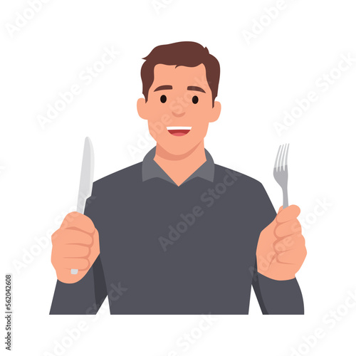 Young man holding knife and fork. Hungry man waiting for food. Flat vector illustration isolated on white background