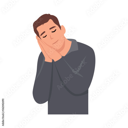 Young man Business, sleep, fatigue, insomnia concept. Young tired businessman or boy has fatigue, sleep on workplace while standing in dreaming pose. Flat vector illustration isolated