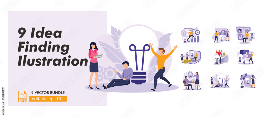 	Idea finding illustration set. Characters standing near light bulbs and celebrating success. People generating creative business ideas. Business solution concept. business flat bundle illustration