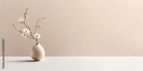 Sakura cherry blossom branch in ceramic vase on table. Beige wall background. Front view place for text, copy space, empty space. Generative AI
