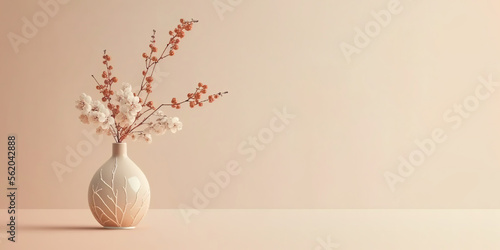 Sakura cherry blossom branch in ceramic vase on table. Beige wall background. Front view place for text, copy space, empty space. Generative AI