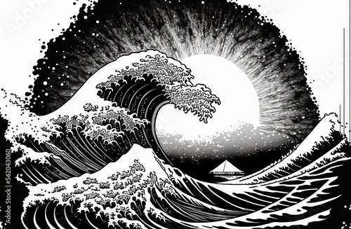 Fotografia, Obraz great wave Kanagawa, black line illustration