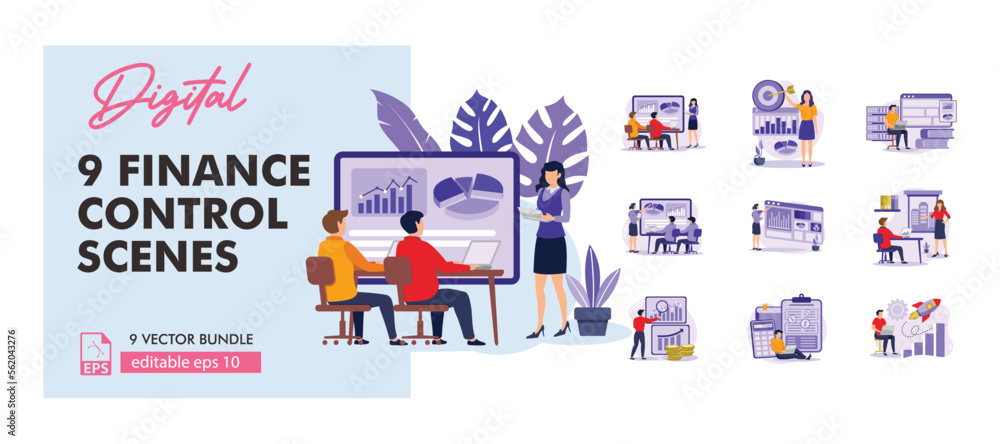 Stock market, finance, capital investment concept Illustration set. Scenes with people trading on the stock exchange.business flat bundle illustration