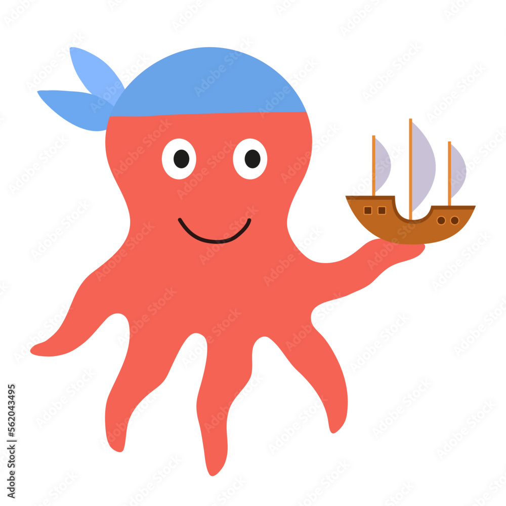 Cute little octopus playing, holding a sea ship in his hand or tentacle. Illustration of a kraken in a children's flat style, pirates and sea adventures concept. Vector graphics Cute little octopus playing, holding a sea ship in his hand or tentacle. Illustration of a kraken in a children's flat style, pirates and sea adventures concept. Vector graphics