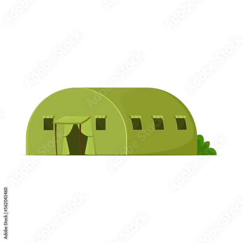 Green military tent cartoon illustration. Camping tent or shelter for soldiers or outdoor recreation isolated on white background. Army camp concept