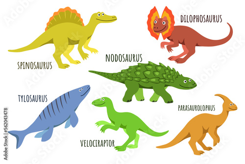 Set of cute happy dinosaurs  with the names of each  the inhabitants of the ancient world in the style of a children s cartoon smiling  spinosaurus and parasaurolophus  nodosaurus and velociraptor