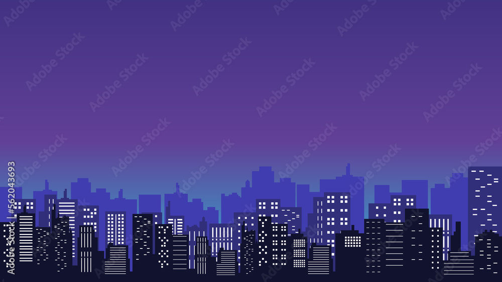City background with many buildings at night