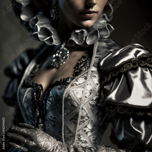 Image of a model in a regency-era gown of silver silk covered in a patterned print, black latex gloves