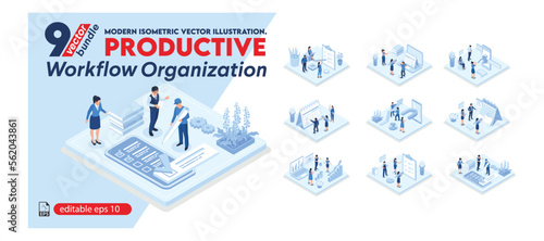 Productive Workflow Organization.  Collection of scenes with people organizing and improving their workflow and workplace. business isometric bundle illustration