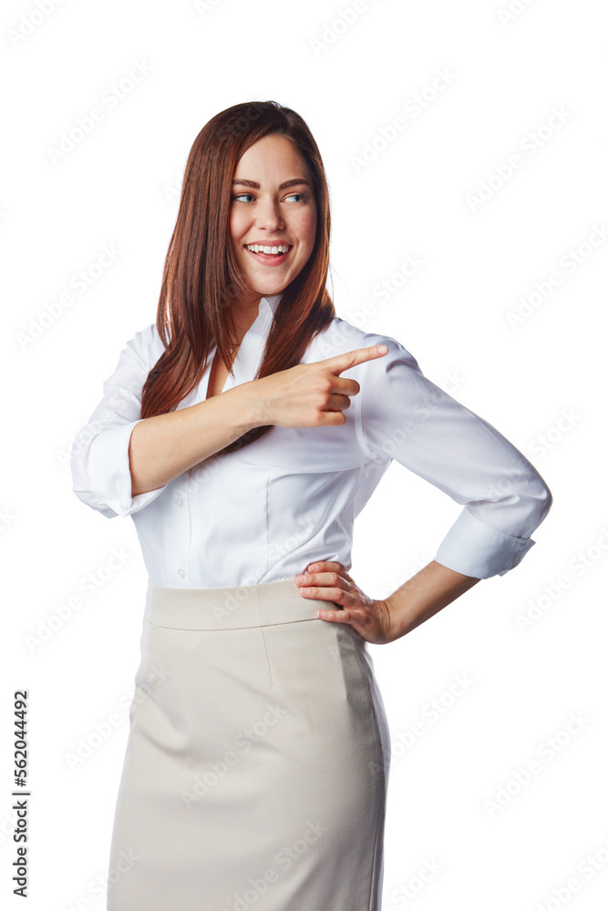 Business woman, studio and pointing for marketing, promotion or advertising on mockup space. Corporate employee or professional worker with hand sign, show advertising isolated on white background Business woman, studio and pointing for marketing, promotion or advertising on mockup space. Corporate employee or professional worker with hand sign, show advertising isolated on white background