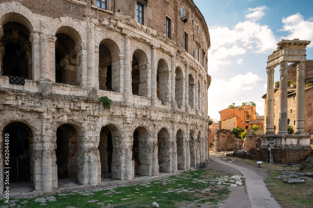 Beautiful panoramic view on the ruins of ancient open-air Theatre of Marcellus (Teatro di Marcello) in sunny day, Rome, Italy