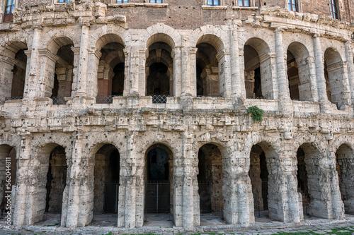 Beautiful close up view of the ancient facade of open-air Theatre of Marcellus (Teatro di Marcello) in sunny day, Rome, Italy