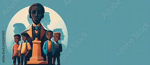 Black School Children Standing next to a statue of african american man and admires him, generative ai