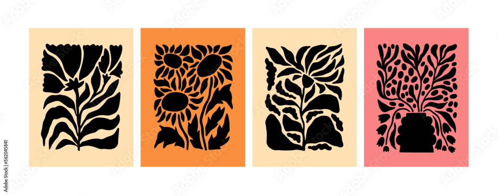 Abstract flower posters set. Modern wall art with black floral plants silhouettes. Trendy stylish botanical interior decorations in contemporary minimalist style. Flat vector illustrations for print - obrazy, fototapety, plakaty 