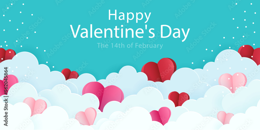 Poster or banner with blue sky and paper cut clouds with paper hearts. Valentine's Day. Vector