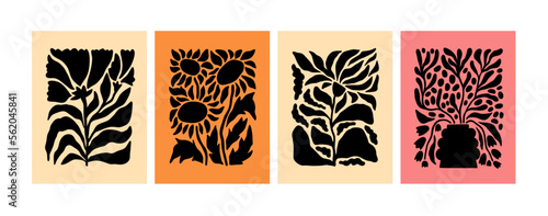 Abstract flower posters set. Modern wall art with black floral plants silhouettes. Trendy stylish botanical interior decorations in contemporary minimalist style. Flat vector illustrations for print