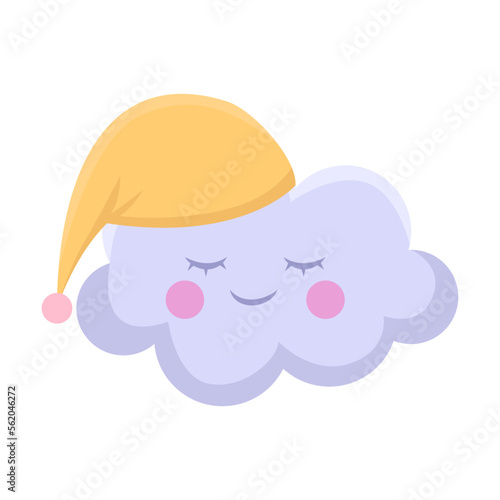 Cute good night cloud in sleep cap for kids, vector illustration. Cartoon drawing of lullaby element for children isolated on white background. Bedtime, childhood concept