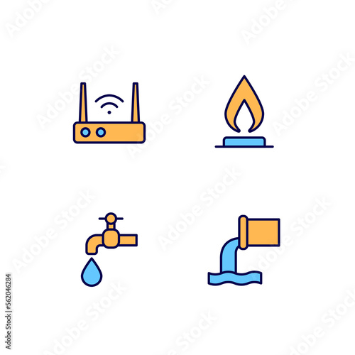 Home services pixel perfect RGB color icons set. Internet connection. Gas, water supply. Sewage system. Router. Isolated vector illustrations. Simple filled line drawings collection. Editable stroke