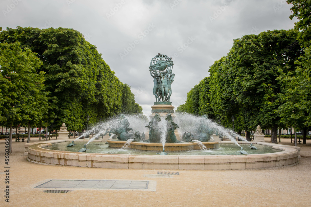 Paris, France, May, 27th, 2021: Fountain in Luxembourg Garden in Paris Paris, France, May, 27th, 2021: Fountain in Luxembourg Garden in Paris