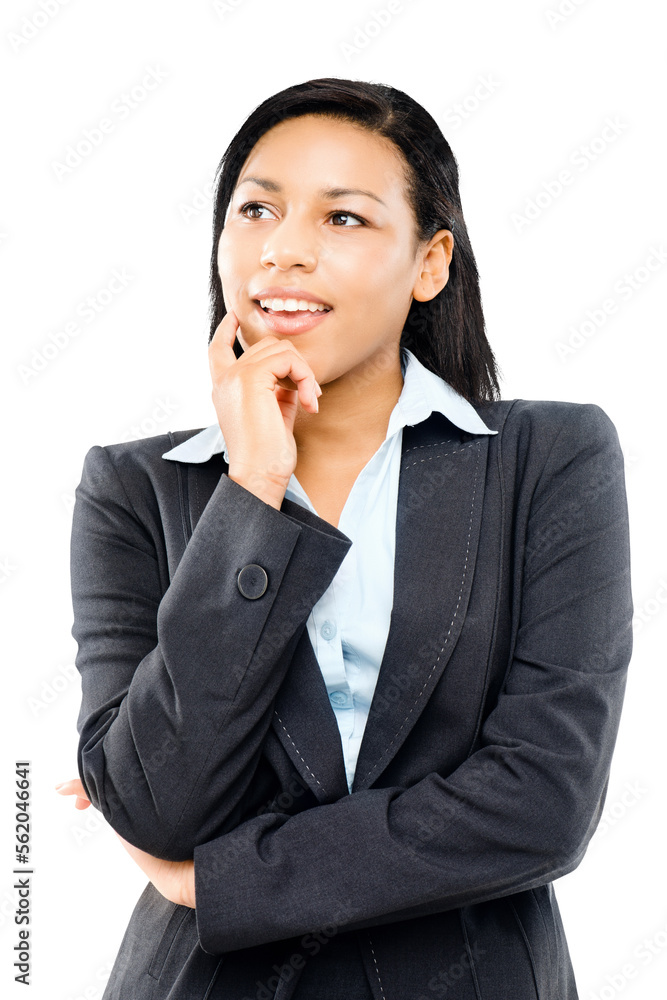 PNG of a young businesswoman thinking isolated on a PNG background. PNG of a young businesswoman thinking isolated on a PNG background.