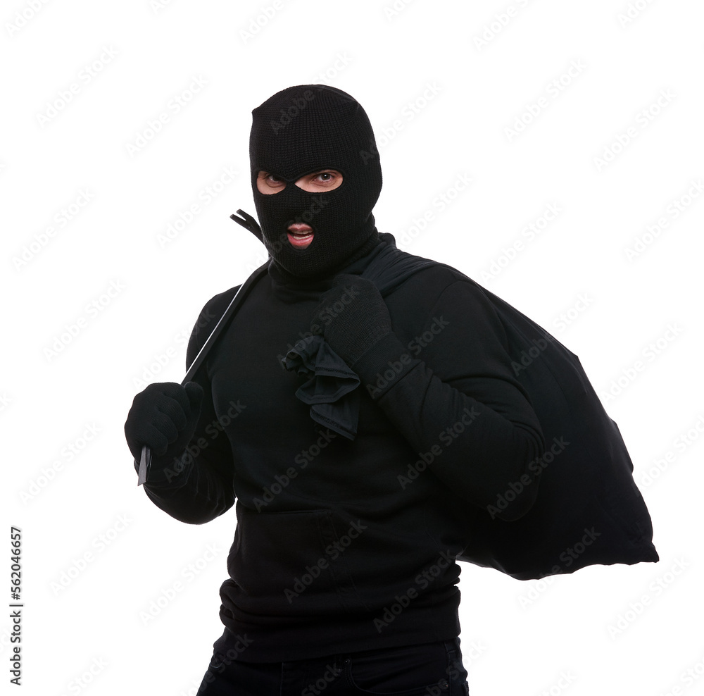 Thief in mask with crowbar and bag on white background Thief in mask with crowbar and bag on white background