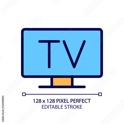 Television pixel perfect RGB color icon. TV broadcasting service. Analog and digital technology. Public utility. Isolated vector illustration. Simple filled line drawing. Editable stroke
