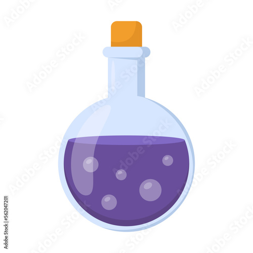 Cute Halloween round flask with magic potion sticker vector illustration. Cartoon drawing of witchcraft or dark magic element in boho style isolated on white background