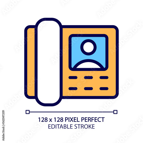 Door phone pixel perfect RGB color icon. Guest and resident communication. Intercom appliance. Video device. Utility service. Isolated vector illustration. Simple filled line drawing. Editable stroke
