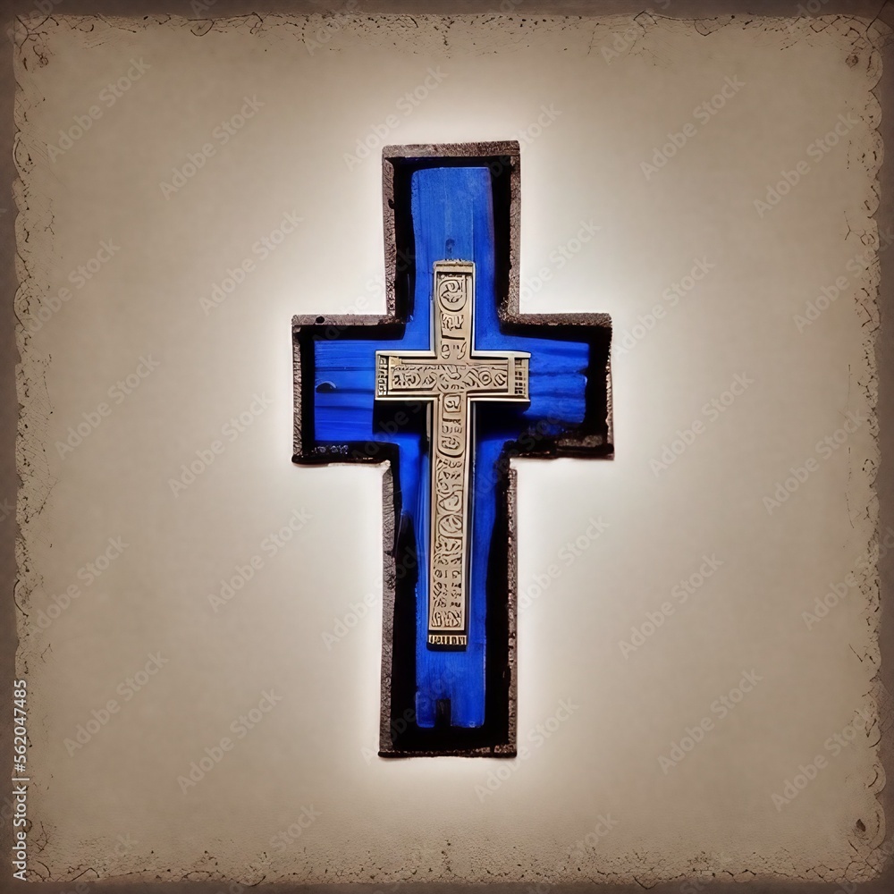 Croix de bois clair gravée incrustée de dessins posée sur une croix de bois brut bleu, enchâssée dans une croix creusée dans la pierre.