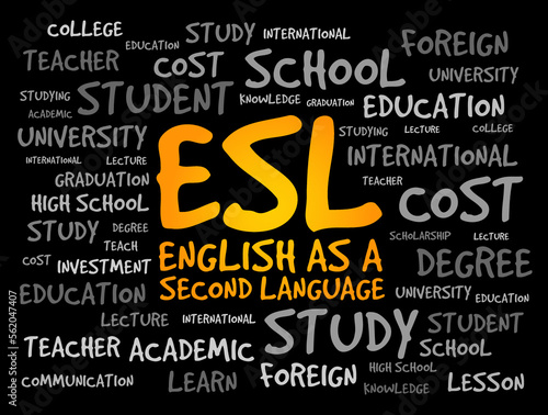 ESL - English as a Second Language acronym, word cloud text concept for presentations and reports