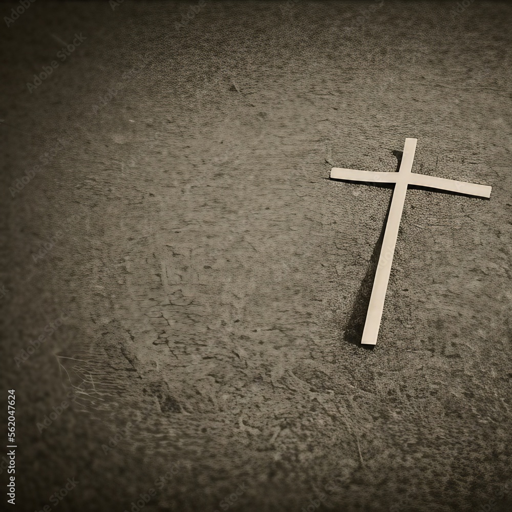 Croix blanche, ivoire, crème, très fine, de bois ou de papier, posée sur un sol dur gris, illuminée.