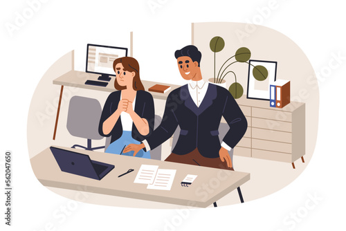 Sexual harassment at work concept. Man employee touching, harassing woman colleague at workplace in office. Inappropriate abuse, sex pressure. Flat vector illustration isolated on white background