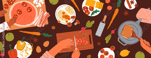 Cooking food, top view. Cook process, ingredients preparation from above. Chefs hands preparing meal, dish, eating, pizza and sandwiches at kitchen table, culinary class. Flat vector illustration