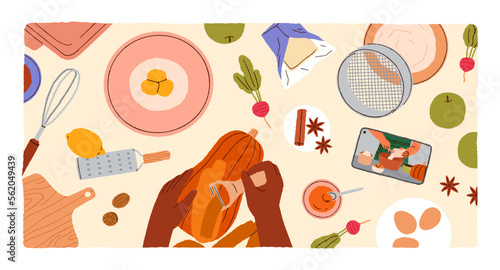 Hands cooking with online video tutorial on mobile phone, top view. Cook process by internet recipe. Preparing, making healthy vegetable dish from food ingredients, squash. Flat vector illustration