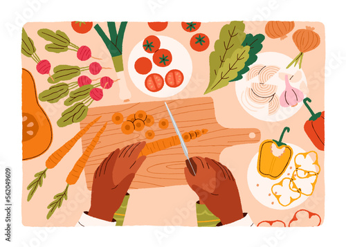 Cooking process, top view. Mothers and kids hands cook together. Mom teaching child to make salad, help to cut vegetables, making healthy dish from fresh ingredients. Flat vector illustration