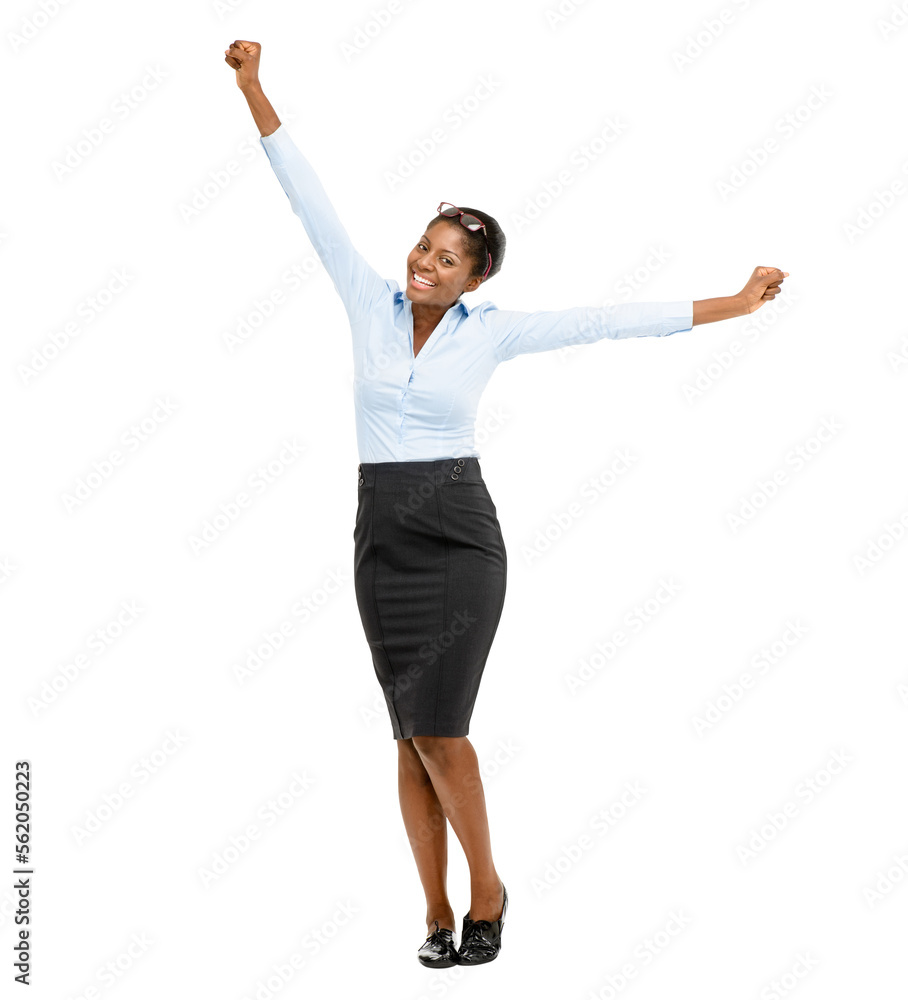 PNG of a young businesswoman cheering isolated on a PNG background. - obrazy, fototapety, plakaty 