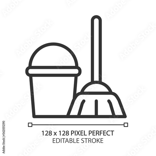 Sanitation services pixel perfect linear icon. Housekeeping. Cleaning equipment. Mop and bucket. Utility service. Thin line illustration. Contour symbol. Vector outline drawing. Editable stroke