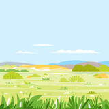 Nature landscape with grass and bushes in summer day, simple geometric stylization, wild African savannah wildlife