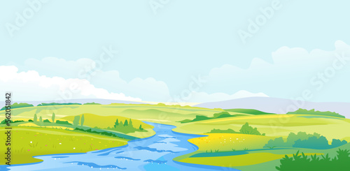 Nature landscape of hills and meadows with fast river in the valley, travel concept illustration, fields background in summer day with green grass and flowers near river