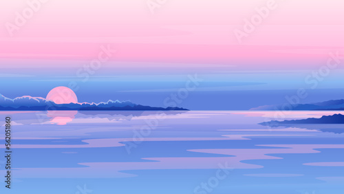 River sunset landscape with clouds and mountains in purple colors, nature landscape illustration, morning fog on lake, sunset on the beach background