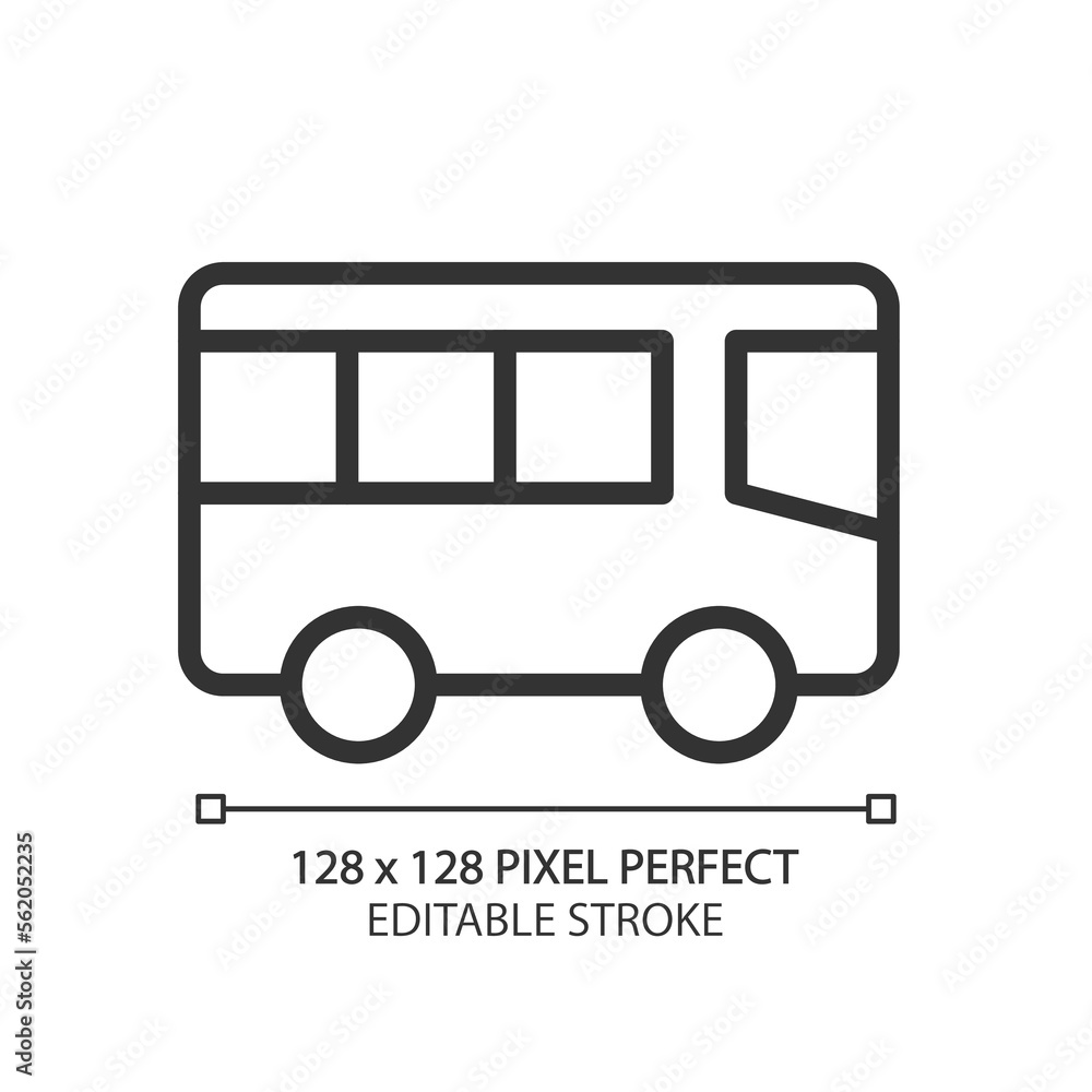 Public transport pixel perfect linear icon. City commuting. Bus transportation. Town infrastructure. Coach services. Thin line illustration. Contour symbol. Vector outline drawing. Editable stroke Public transport pixel perfect linear icon. City commuting. Bus transportation. Town infrastructure. Coach services. Thin line illustration. Contour symbol. Vector outline drawing. Editable stroke